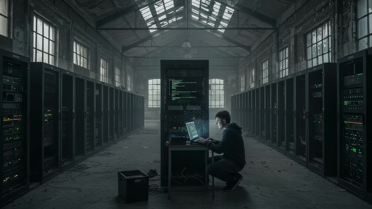 Exploring an abandoned data center with a hacker working on a laptop in a dimly lit, industrial environment