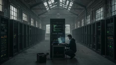 exploring an abandoned data center with a hacker working on a laptop in a dimly lit, industrial environment