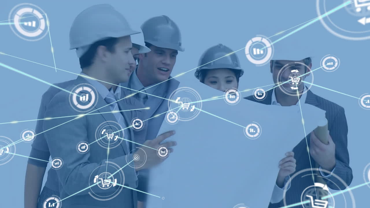 анимация сети соединений и различных архитекторов с чертежами