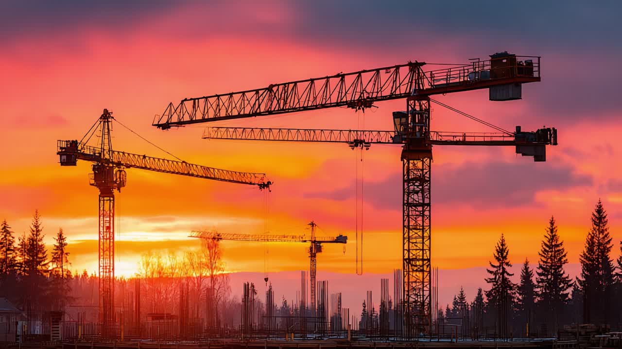 Dramatic Silhouette of Tower Cranes Against a Stunning Sunset, Capturing the Transformation of Urban Landscapes and Construction Projects in Golden Hour Light