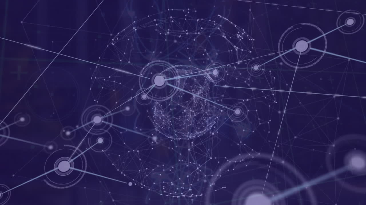 Animation of network of connections with globe over shapes