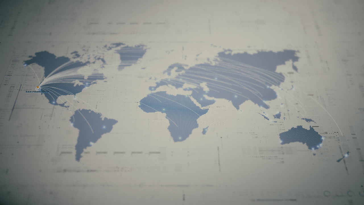 Globalt forretningsnetværkskort med glødende dataforbindelser, verdensomspændende forbindelse, logistikruter, sikker kommunikation, cloud-infrastruktur, big data-teknologi: San Francisco, USA