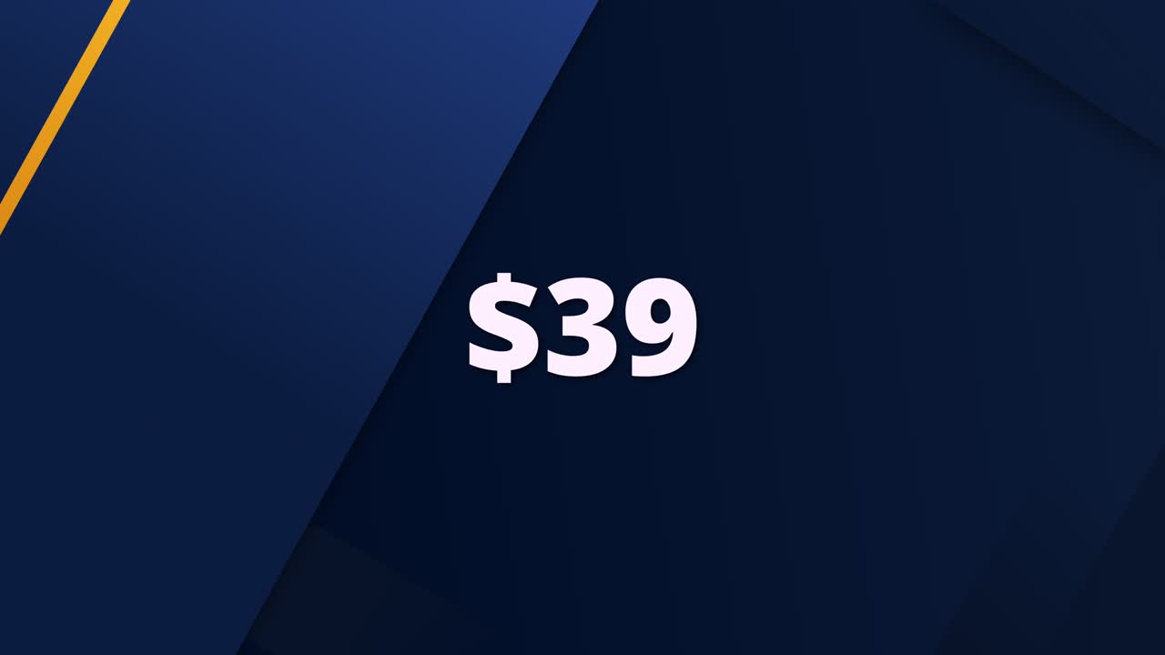 Stylized price reveal animation presenting $39. Useful for advertisements, web shops, app promos, or financial content
