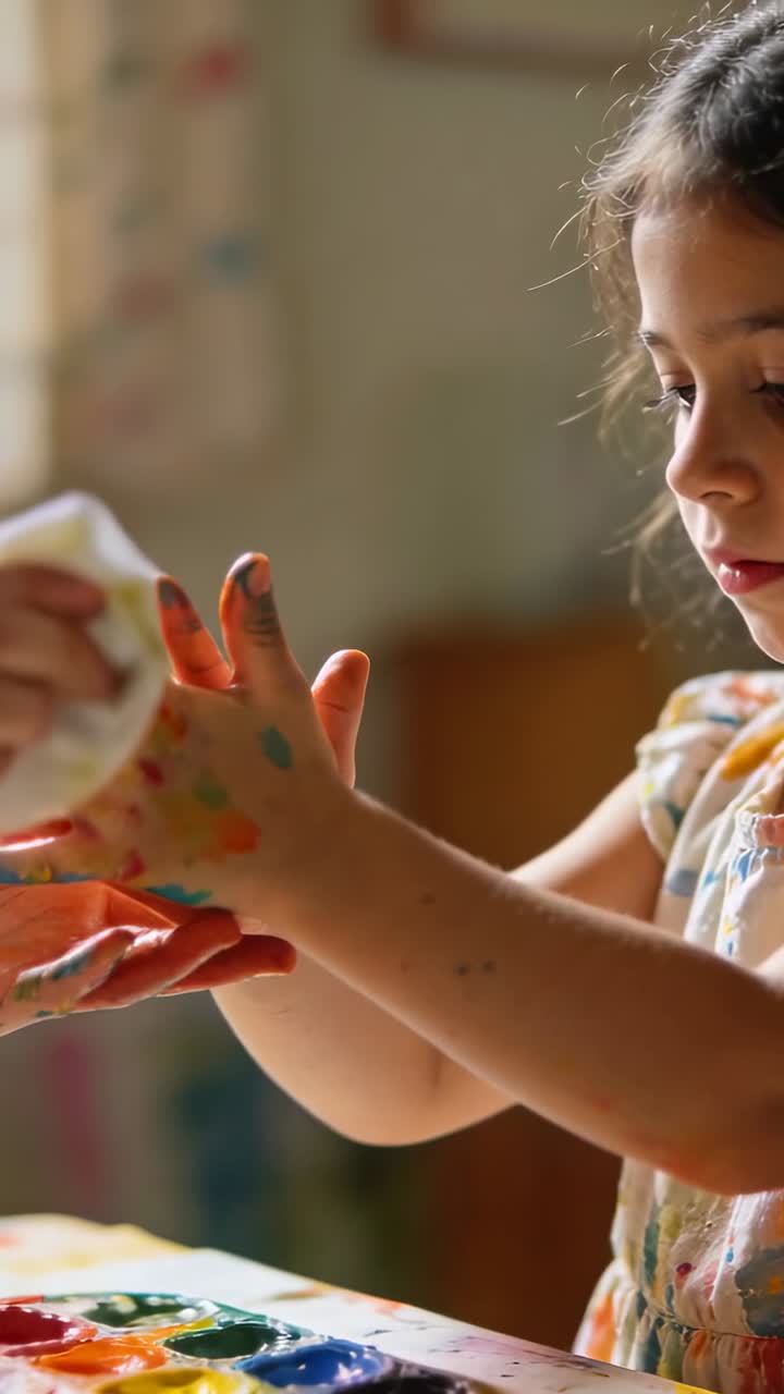 Vídeo vertical: Pano sendo trazido, cuidador secando as mãos pintadas de uma criança de vestido em casa, com paleta.