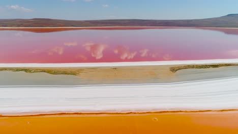 vista aérea de un lago salado rosado y llanuras saladas