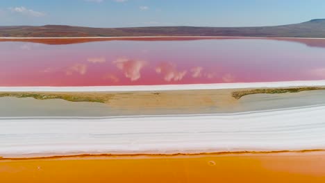 aerial view of a pink salt lake and salt flats