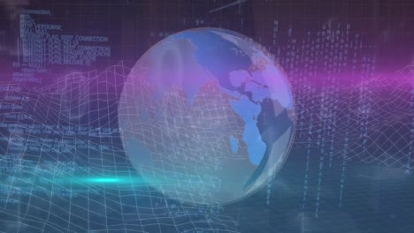 animación de códigos binarios, llamaradas de lentes, lenguaje informático y globo contra el modelo 3d de montañas.