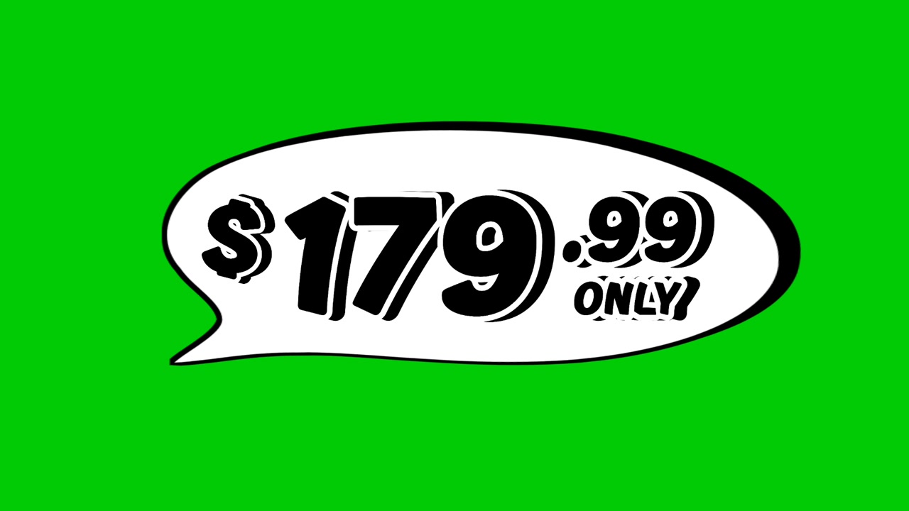price tag $179.99 Dollars in speech bubble animation motion graphics on green screen background. Perfect for ads, e-commerce, retail, discounts, and promotion business concept video element
