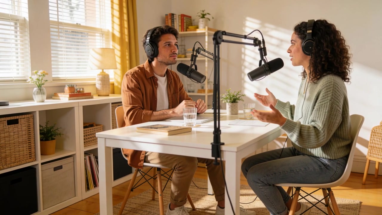 Mann justerer hodesett i brun skjorte, reagerer på kvinnelig programleder som snakker, lytter hjemme ved podcastmikrofon.