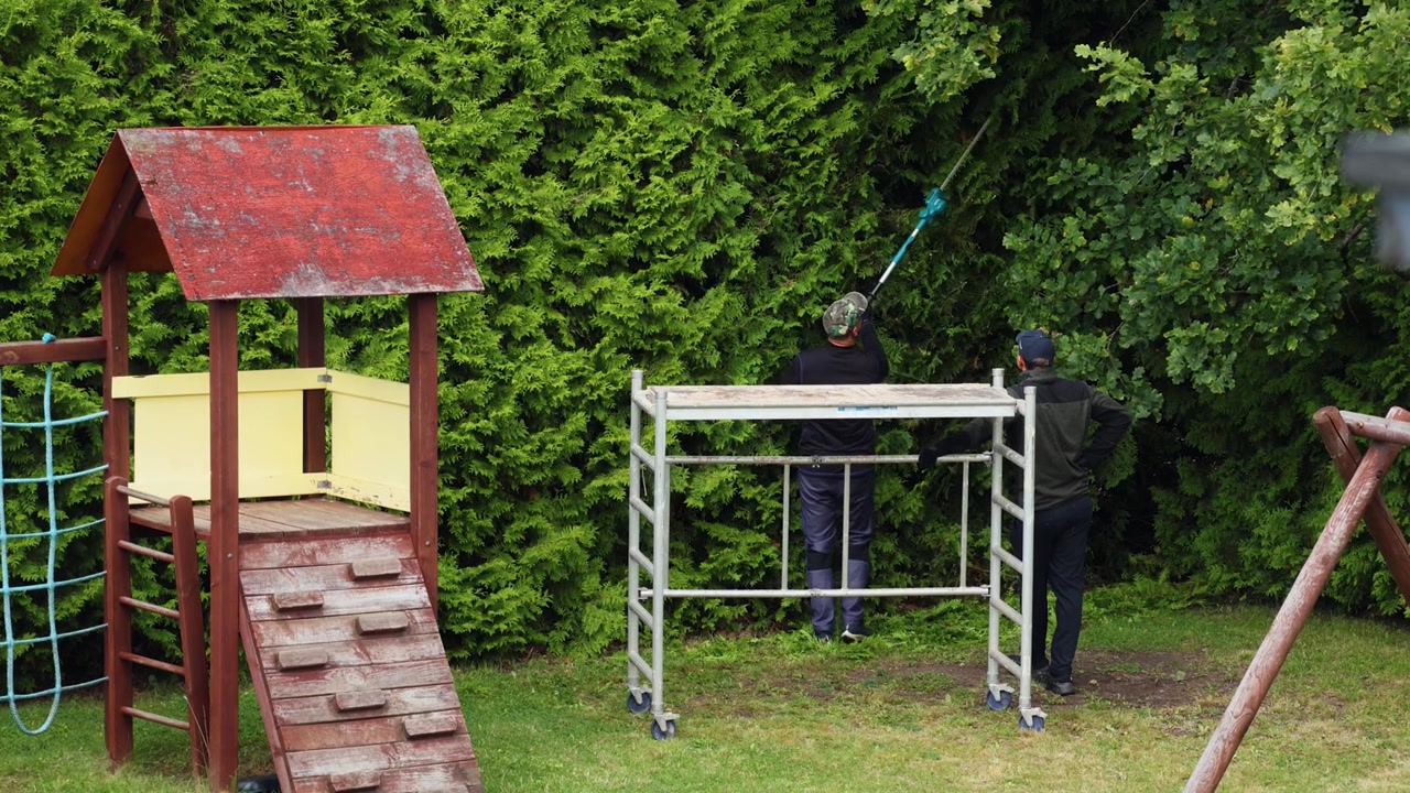 Two professional gardeners are landscaping a residential backyard, using a mobile scaffold and a long pole hedge trimmer to prune and shape a tall thuja hedge next to a children's playground