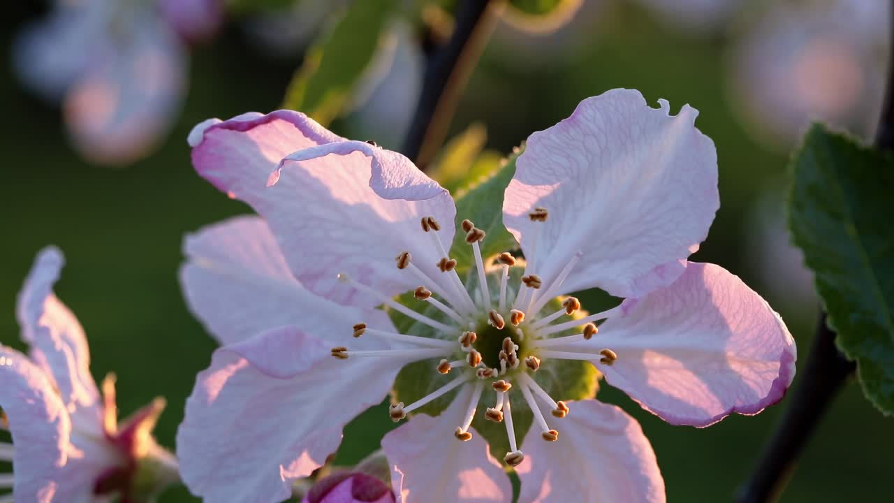 Lavvinkelvideoopptak av en blomstrende frukthage ved soloppgang, som fanger rader med blomstrende trær
