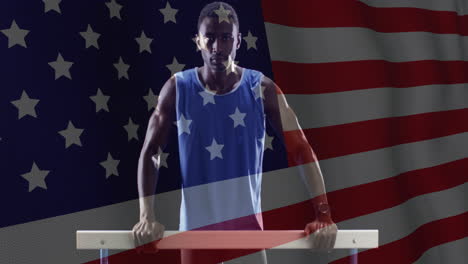 animación de la bandera de los ee.uu. sobre atleta masculino afroamericano