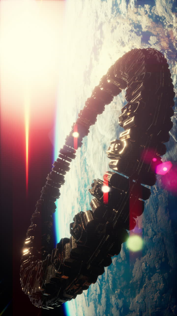 A futuristic space station orbits Earth