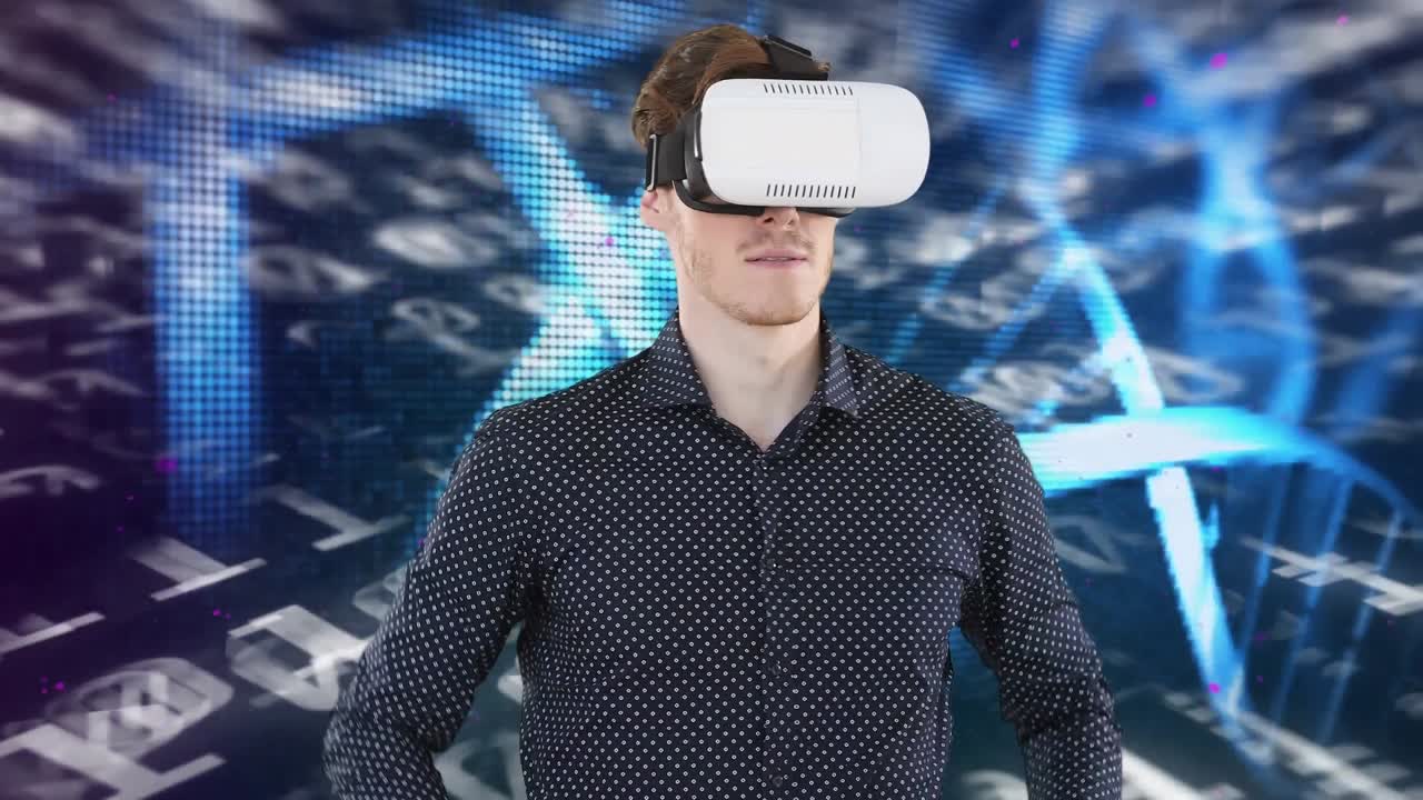 animación de un hombre con auriculares vr, cadena de adn girando sobre la codificación binaria