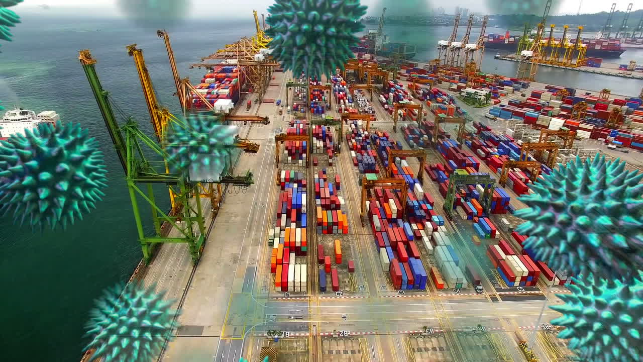 animación de células de macro coronavirus covid-19 que se propagan en una terminal de envío de contenedores.