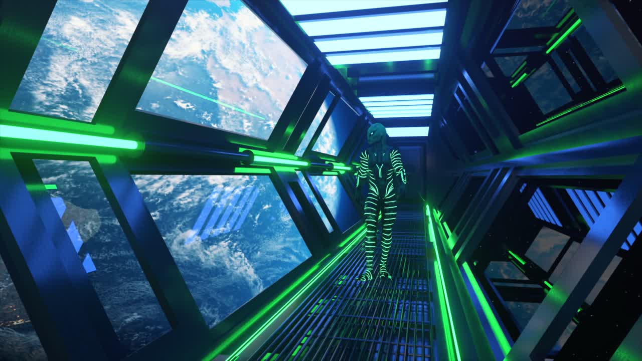 alienígena en un corredor espacial futurista