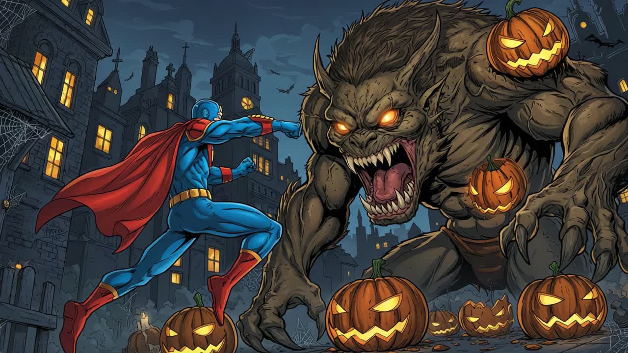 A Heroic Showdown: A Colorful Superhero Faces a Fearsome Monster Amidst Jack-o'-Lanterns in a Spooky, Animated Halloween Scene