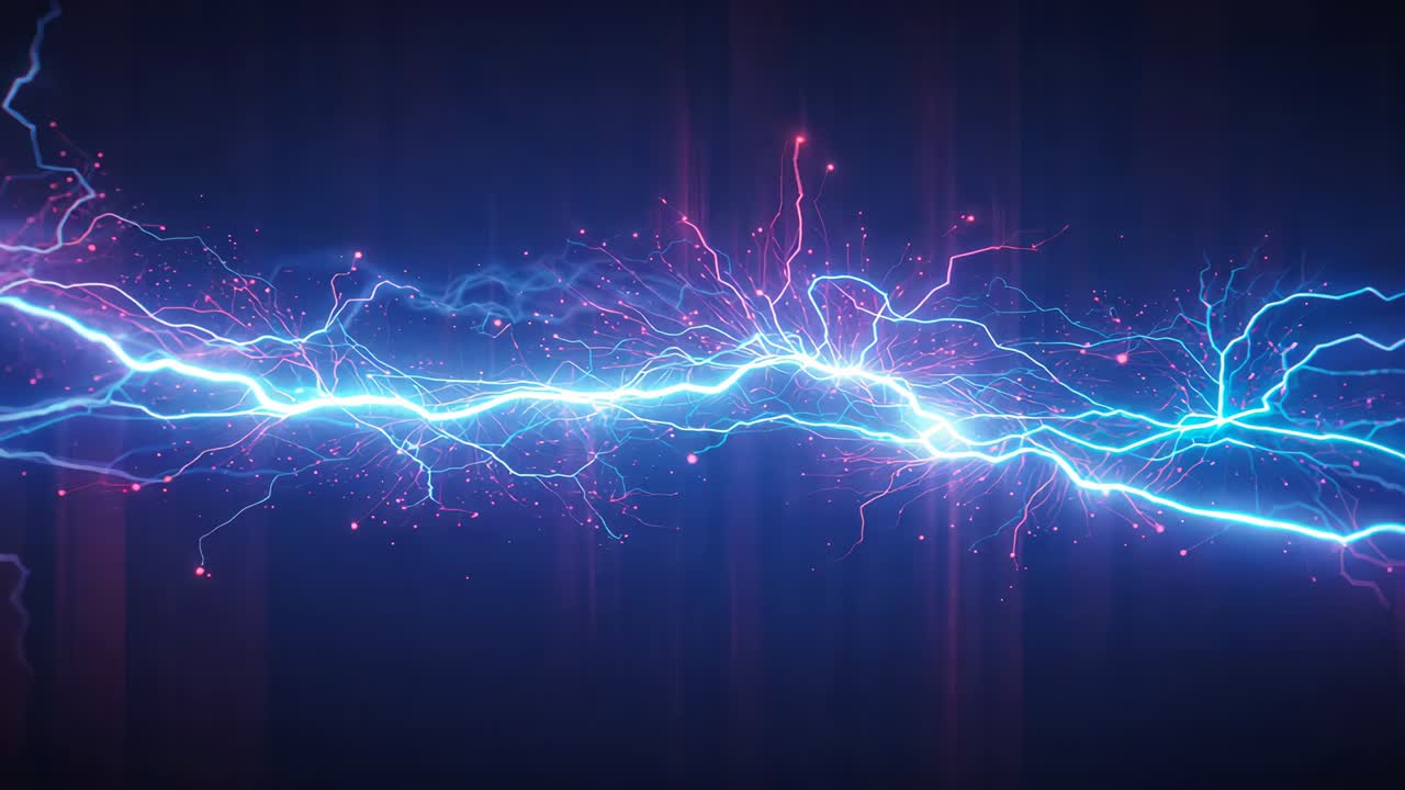 Pulsing cyan-blue filament undulating in navy void as two strands approaching, with magenta sparks