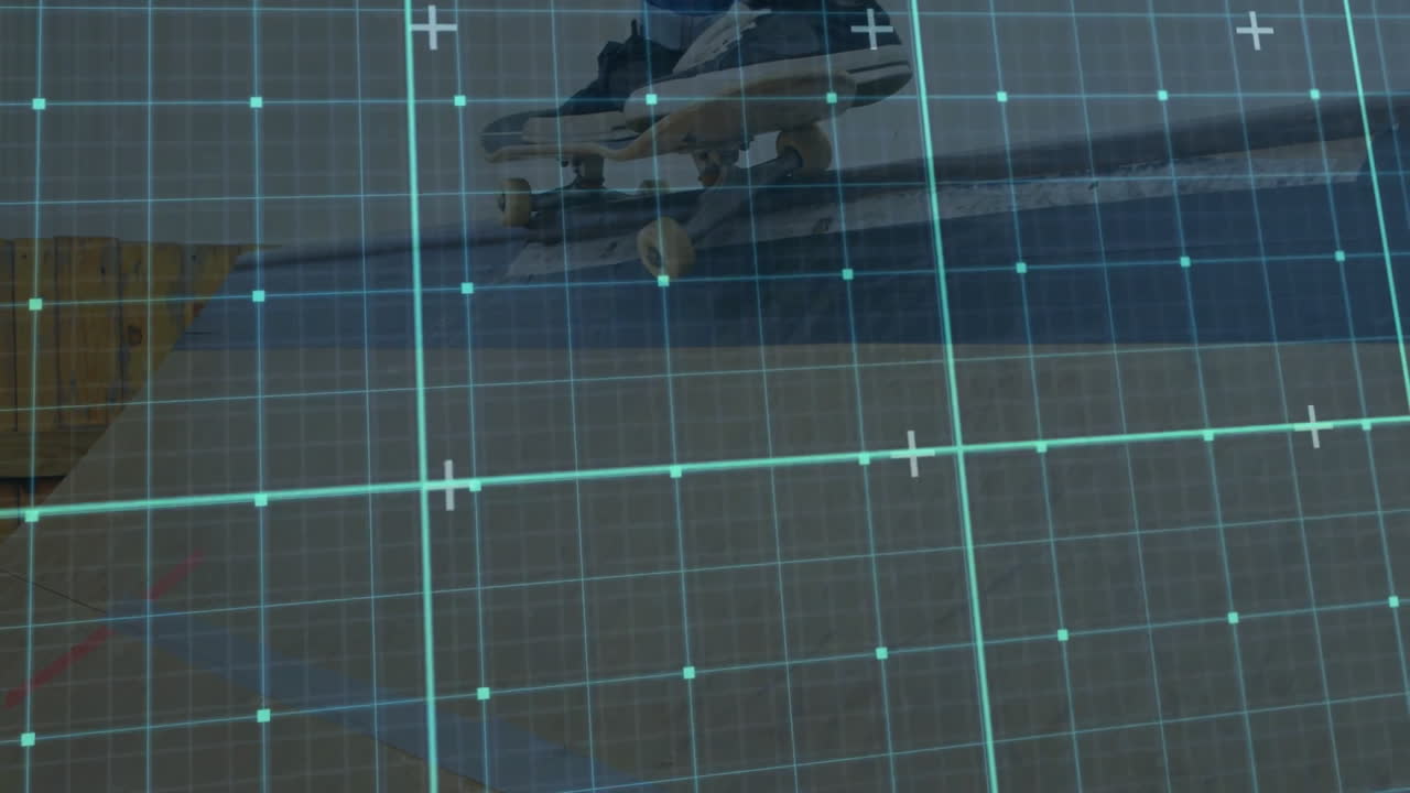 Skateboard hovering above stone ledge, showing yellow wheels, navy sneakers under digital cyan grid