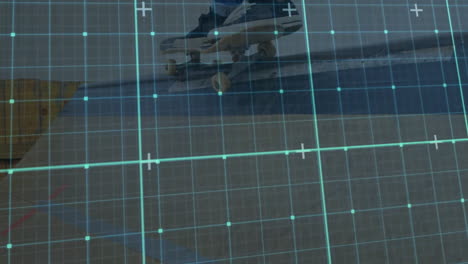skateboard hovering above stone ledge, showing yellow wheels, navy sneakers under digital cyan grid