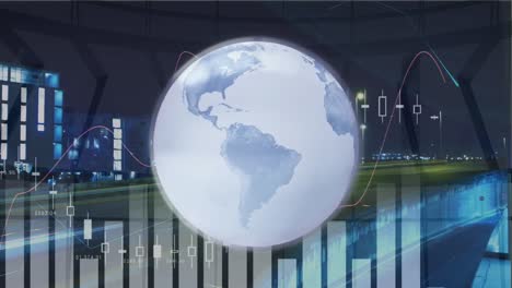 Animation-Von-Finanzdaten-Und-Grafiken-über-Den-Globus-Und-Den-Straßenverkehr
