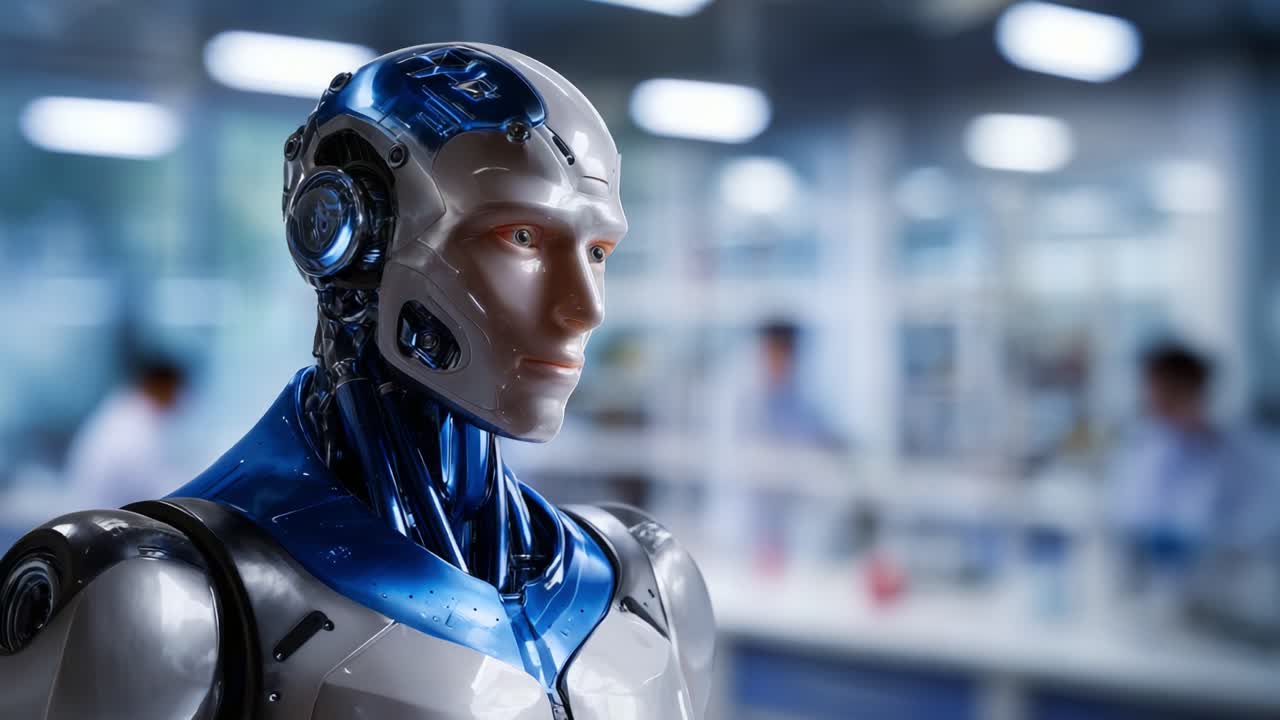 Futuristic robotic assistant with advanced features in a modern laboratory setting, showcasing high-tech design and innovative technology in artificial intelligence