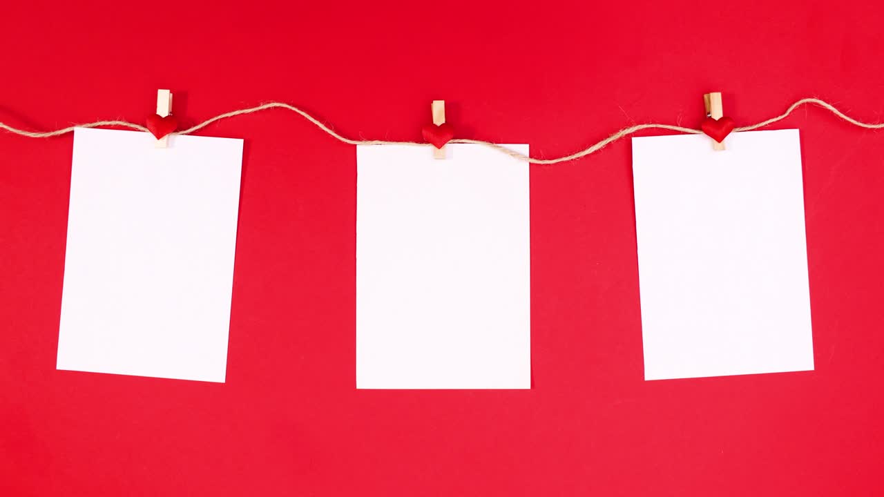 발렌타인 데이에 로프에 매달린 세 개의 종이에 세 개의 심장이 나타납니다.