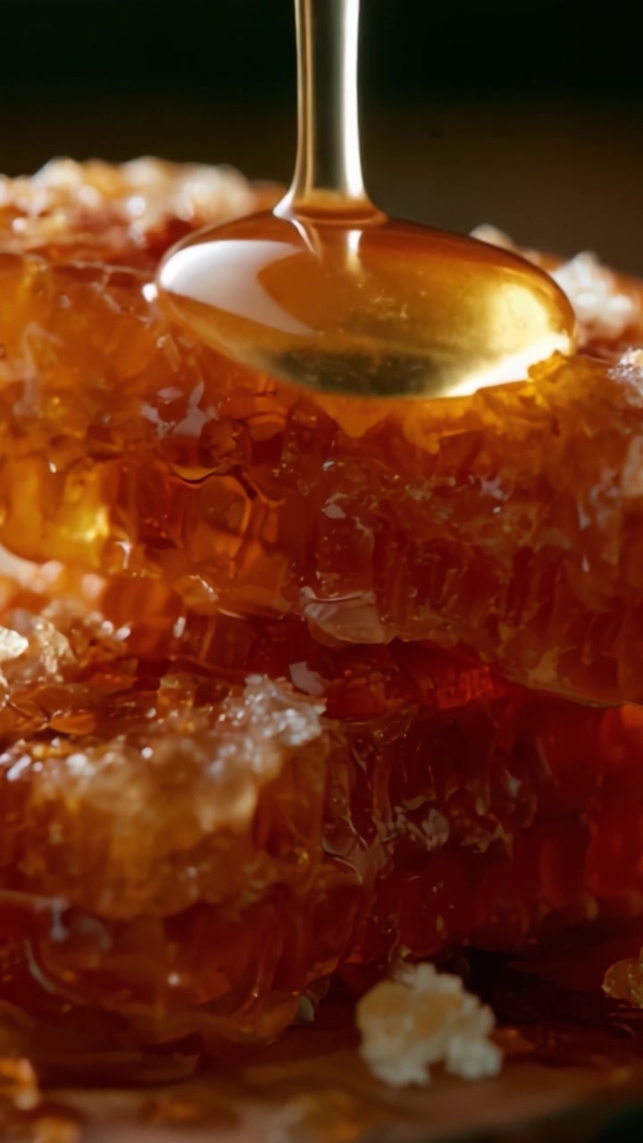 Miele Scintillante che Cola dal Favo, Mostrando la Ricca Consistenza e la Dolcezza Naturale del Prodotto dell'Alveare Appena Raccolto in un'Impressionante Immagine Ravvicinata