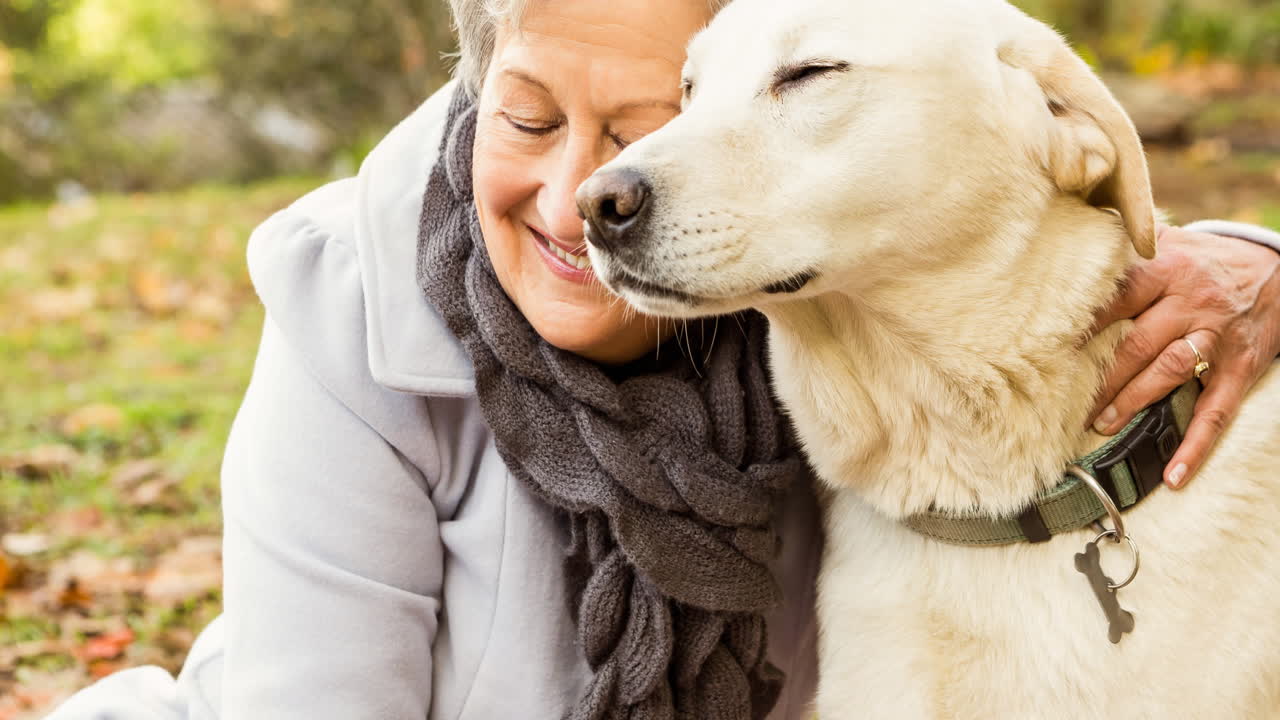 mujer mayor caucásica feliz abrazando a un perro mascota golden retriever en el parque