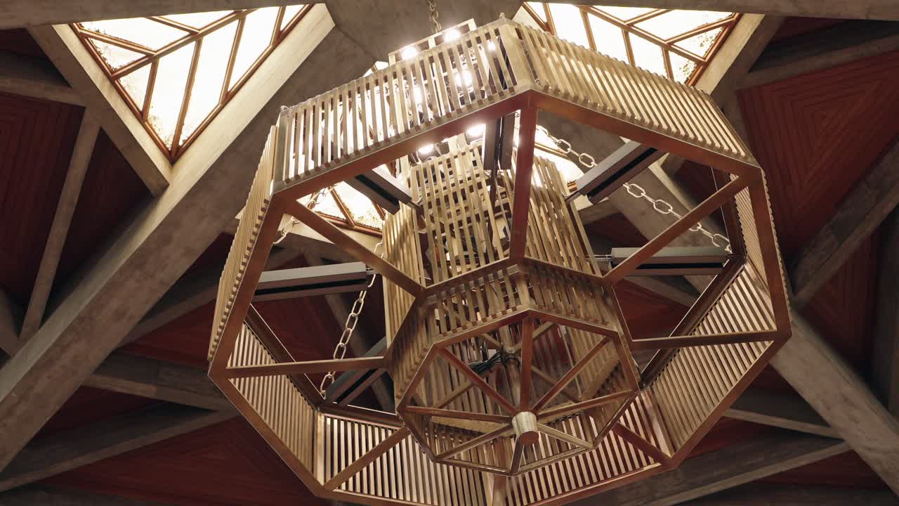 Modern wooden chandelier hangs from ceiling in church in Portugal