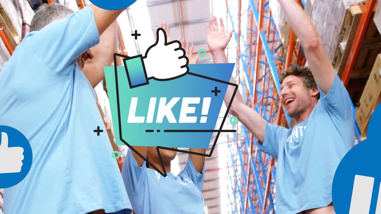 Animation of life and social media reactions over happy diverse female and male warehouse workers