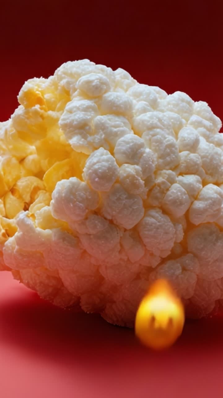 Un primo piano drammatico di popcorn con uno sfondo infuocato, che mostra la sua texture unica e il suo fascino irresistibile, perfetto per gli amanti degli snack e le serate film