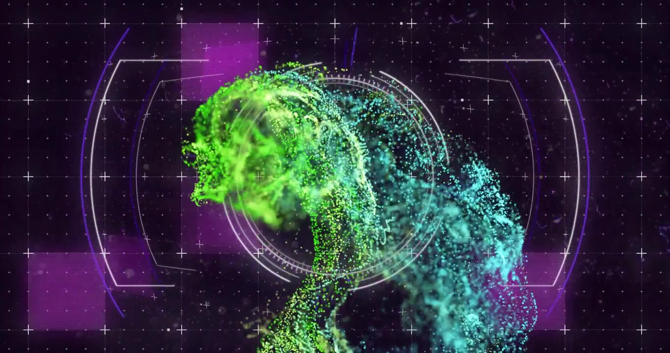 Neon particles emerging lower-right, drifting to center, forming humanoid as avatar in rotating HUD