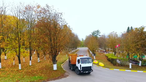 aerial view cargo truck car moving on road. tractor trailer truck moving on road