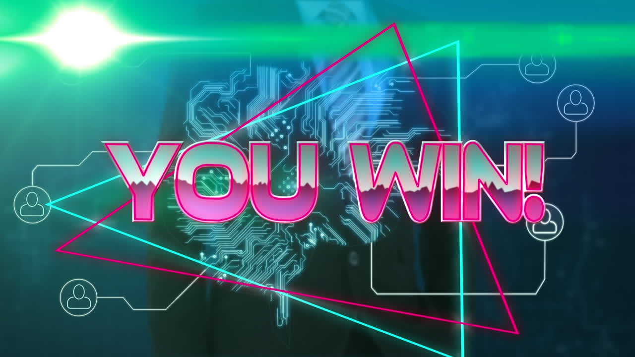 인터페이스를 사용하는 사업가와 함께 네온 라인을 통해 당신이 이기는 분홍색 금속 텍스트의 애니메이션