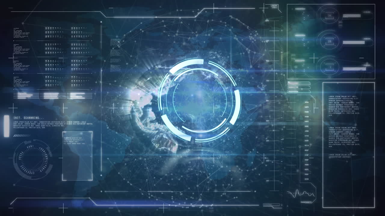 Animation of round scanner over interface with data processing against spinning globe