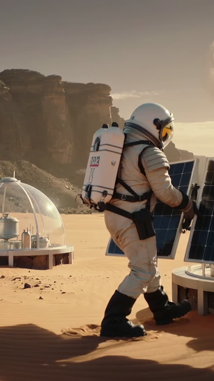 Vídeo vertical: Astronauta de traje branco desdobrando um painel e montando uma matriz na cúpula para energia, com espaço para texto.