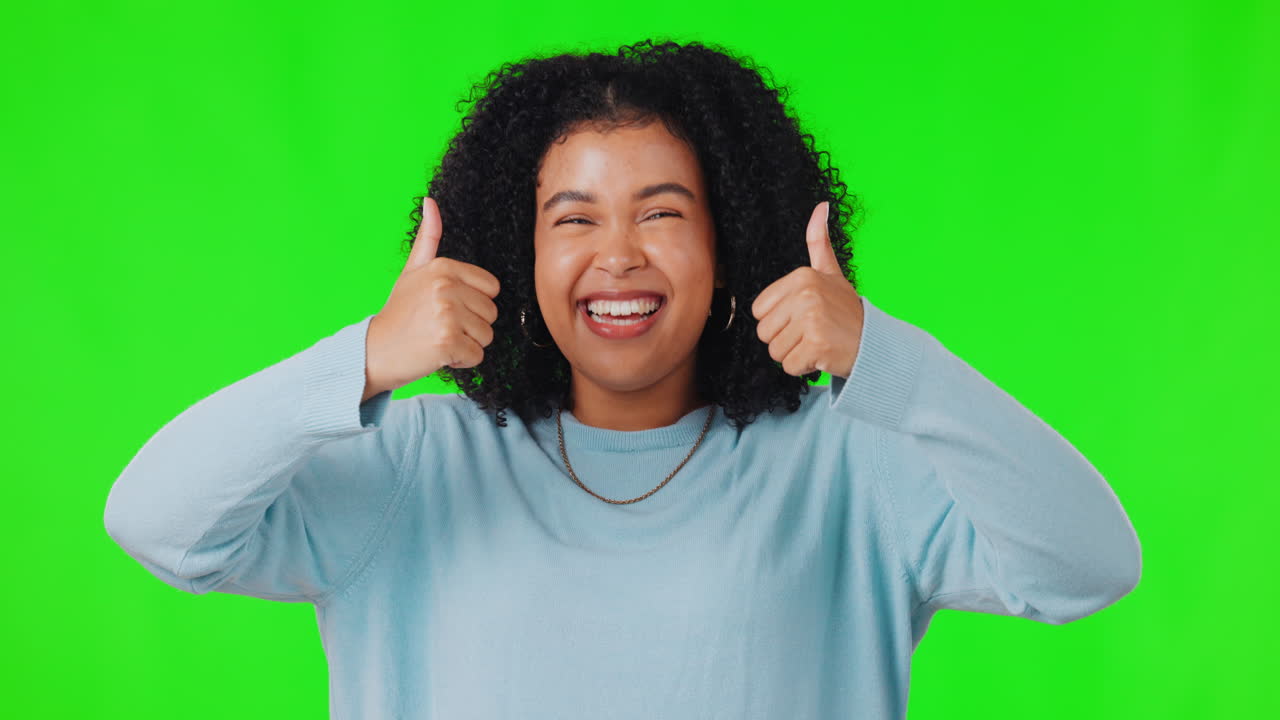 Woman, face and happy, thumbs up and green screen