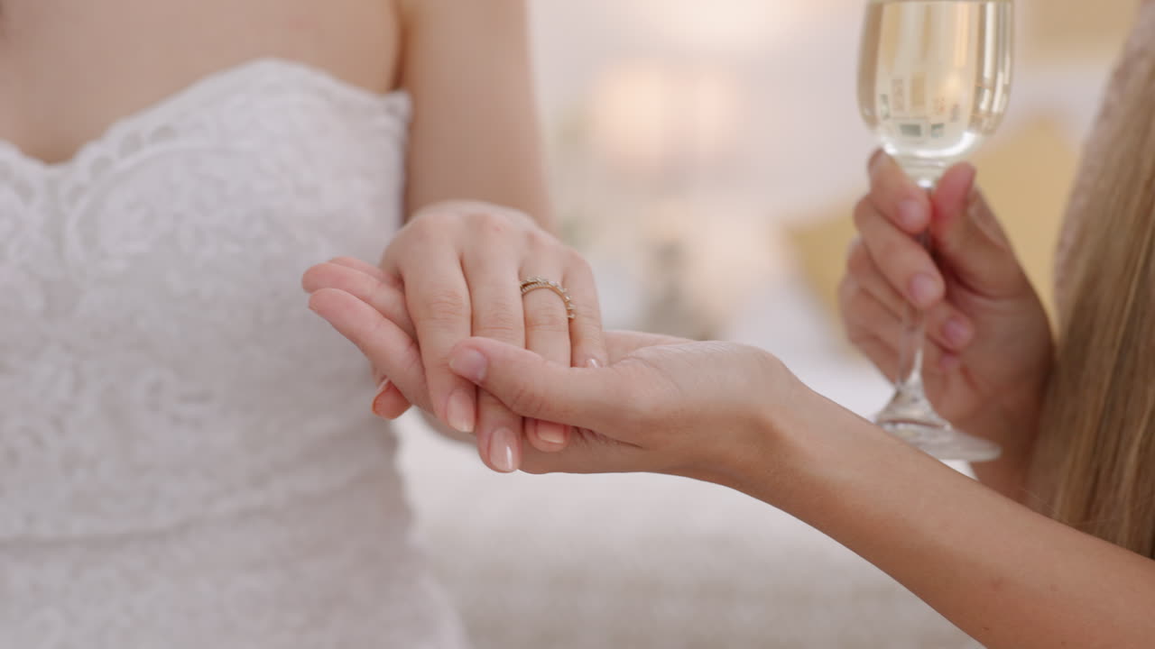 Bride showing her wedding ring to her friend