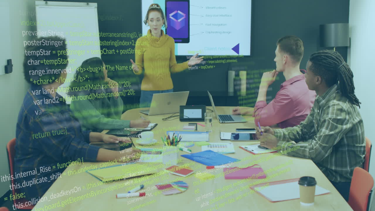 animación del procesamiento de datos financieros sobre diversas personas de negocios en la oficina