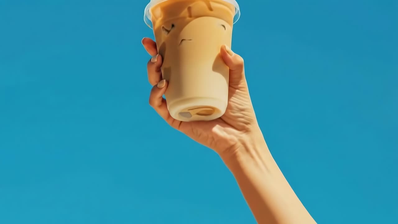 Primo piano video di una mano che tiene un caffè freddo contro un cielo azzurro limpido, vibrante e rinfrescante