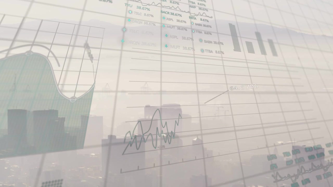 Overlay kisi awal input data memudar di atas cakrawala berkabut, menyelaraskan grafik yang menunjukkan keuntungan pasar.