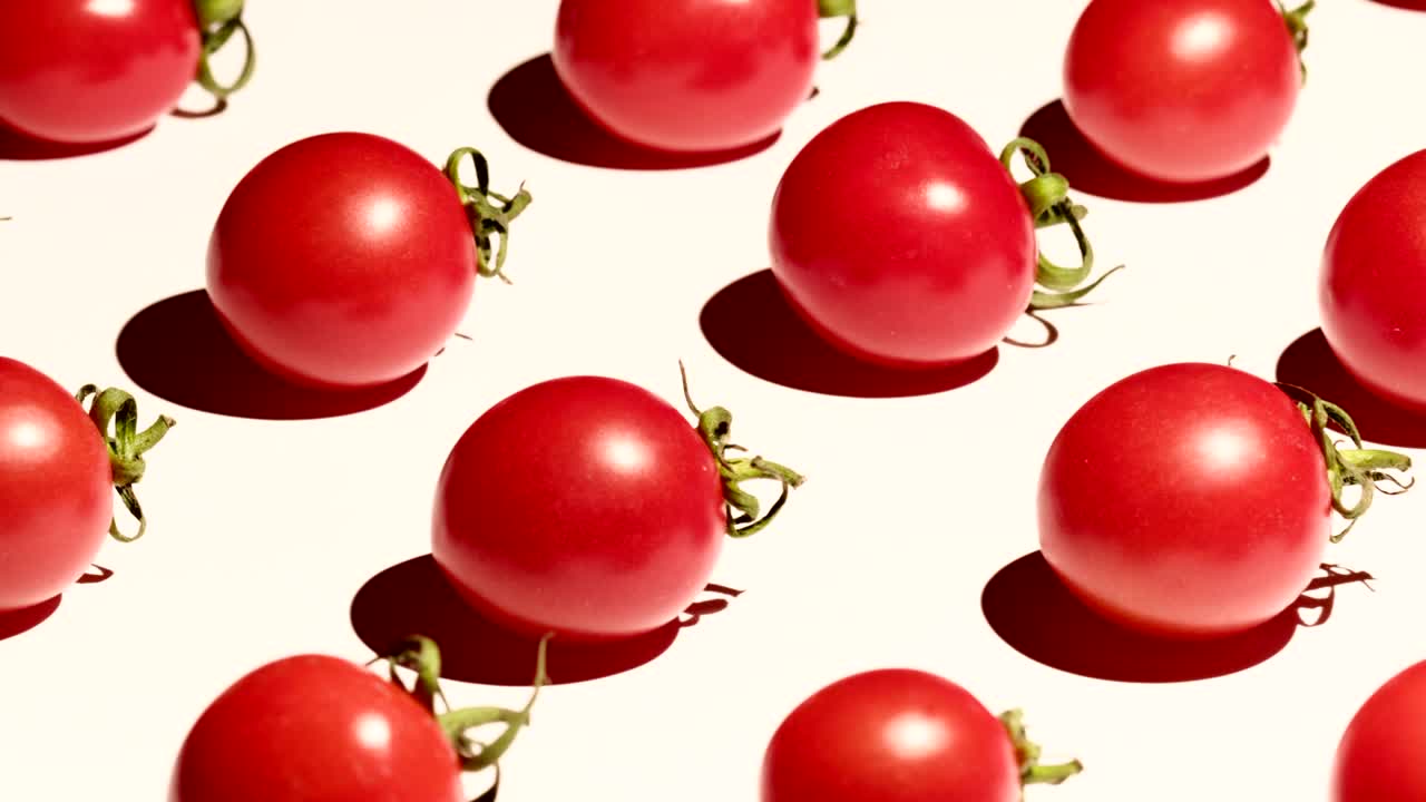색 배경 위에 회전하는 체리 토마토