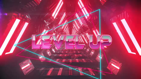 level up text animation over neon lights and geometric shapes