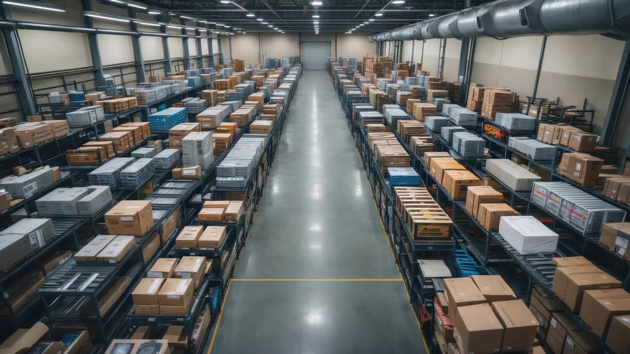 Large Warehouse with Rows of Boxes and Goods on Shelves