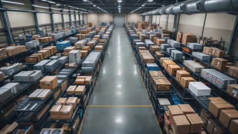 large warehouse with rows of boxes and goods on shelves