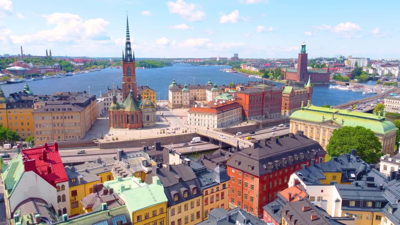 Skyline of Gamla Stan with colorful buildings on Stadsholmen. Aerial