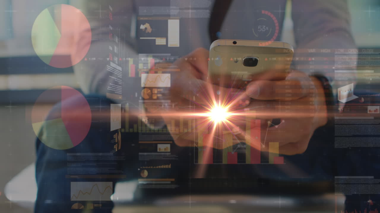 스마트 폰을 사용하는 백인 사업가에 대한 통계 및 금융 데이터 처리 애니메이션