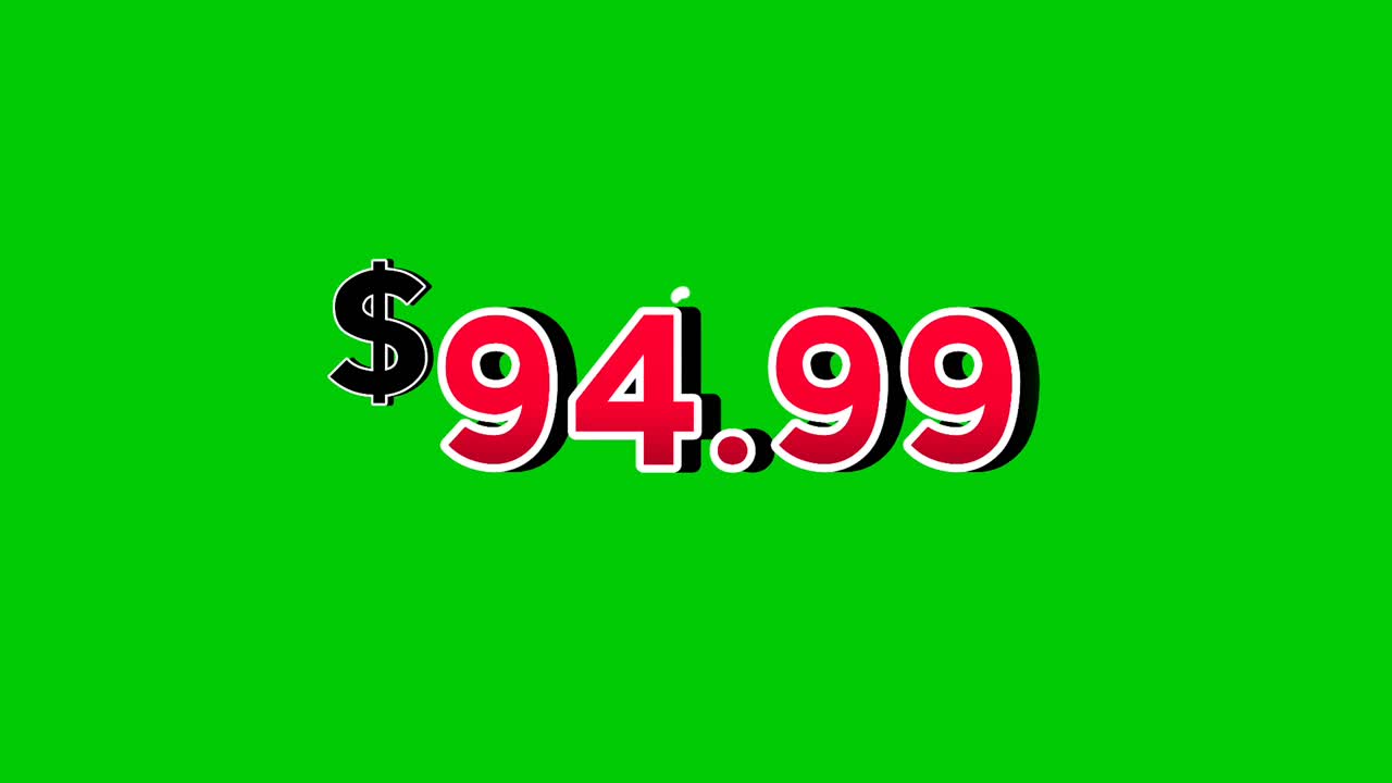 Animation red $94.99 dollars price tag motion graphics with smoke effects on green screen background. Perfect for ads, e-commerce, retail, discounts, and promo videos business concept video element
