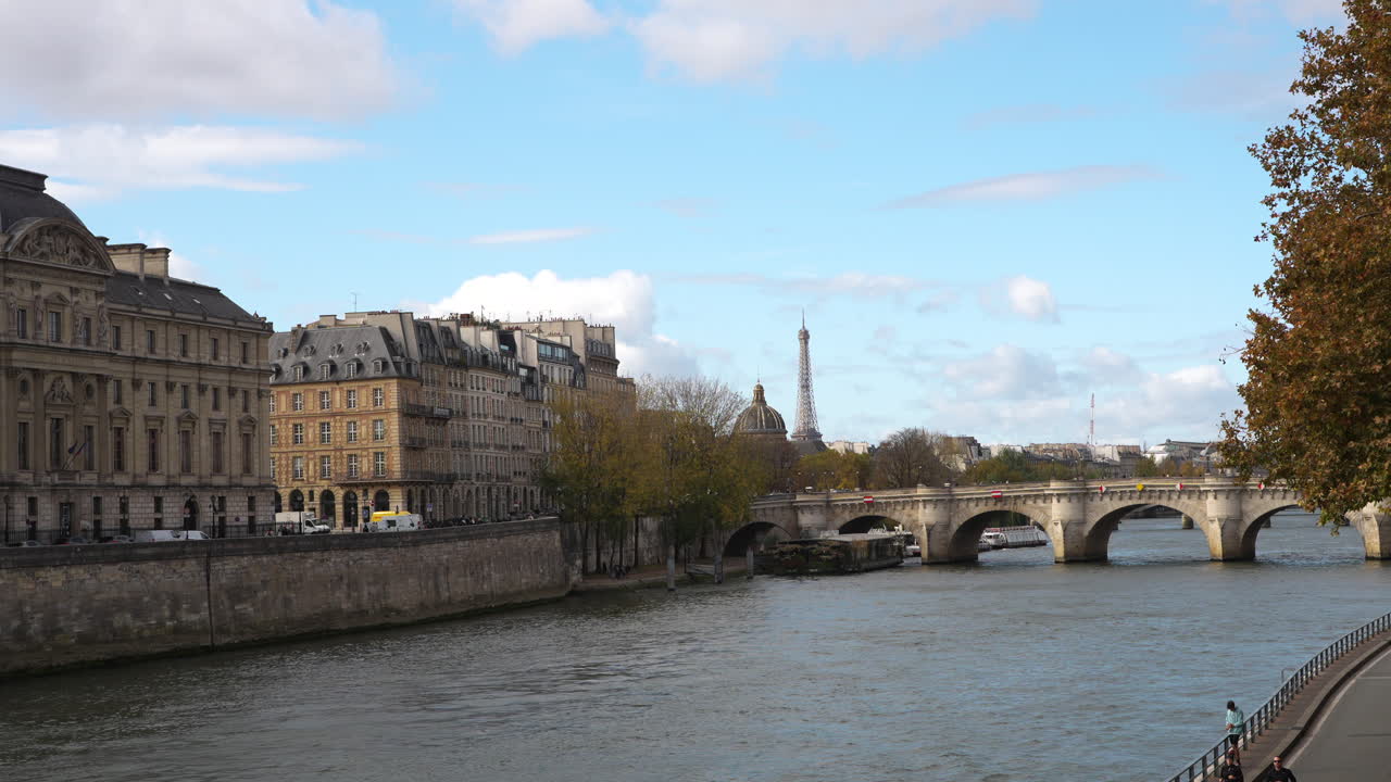 Daytime view of the Pont Neuf bridge crossing the Seine River in Paris with the Eiffel Tower and Institut de France in the distance. Autumn trees, calm water, create a peaceful city atmosphere